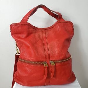 Fossil Erin Red Leather Fold Over Crossbody Large Messenger Bag